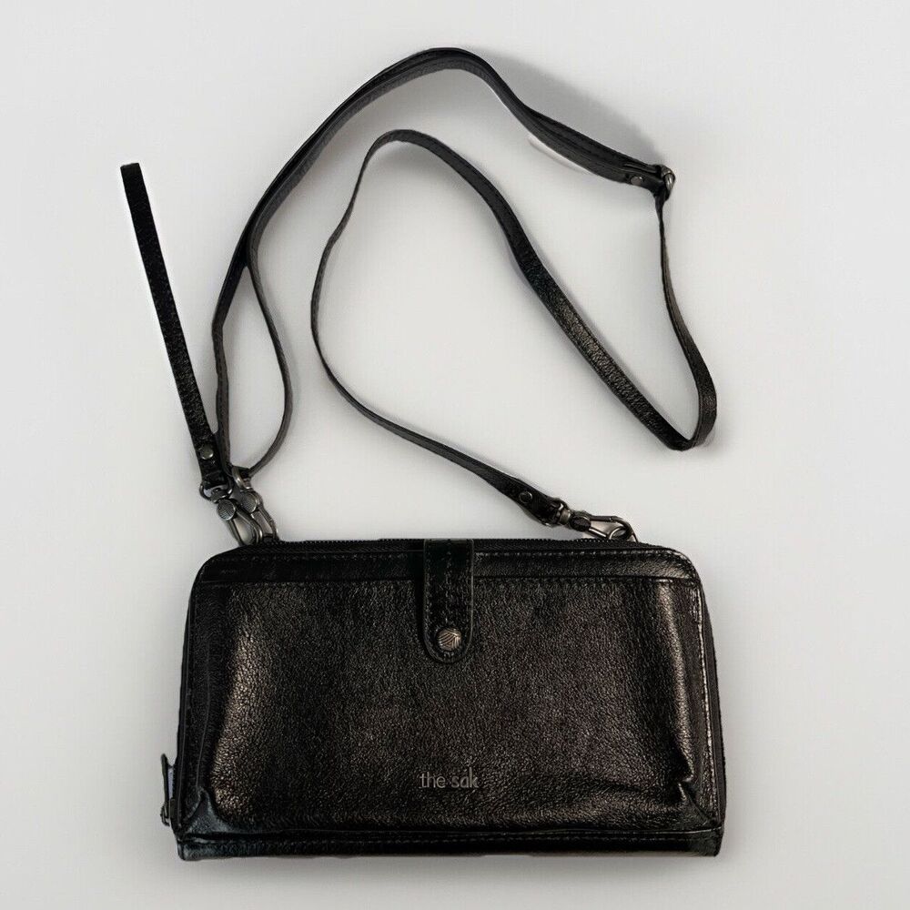 "THE SAK" Multi Organizer Crossbody Purse Clutch Black Genuine‎ Leather